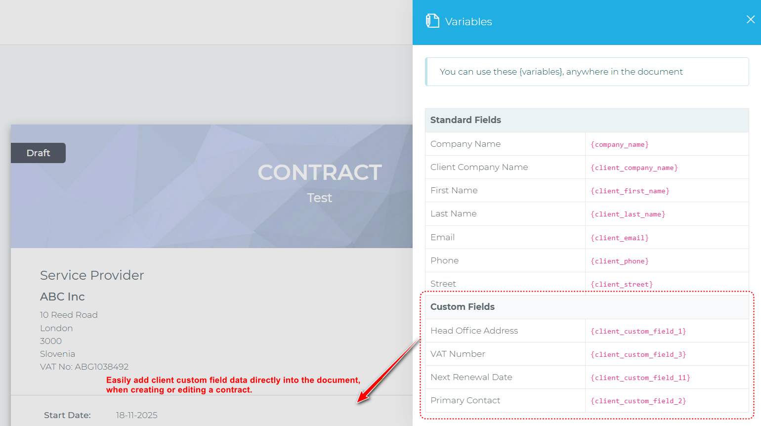Client custom fields in contracts