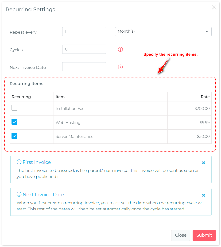 Custom recurring invoice line items
