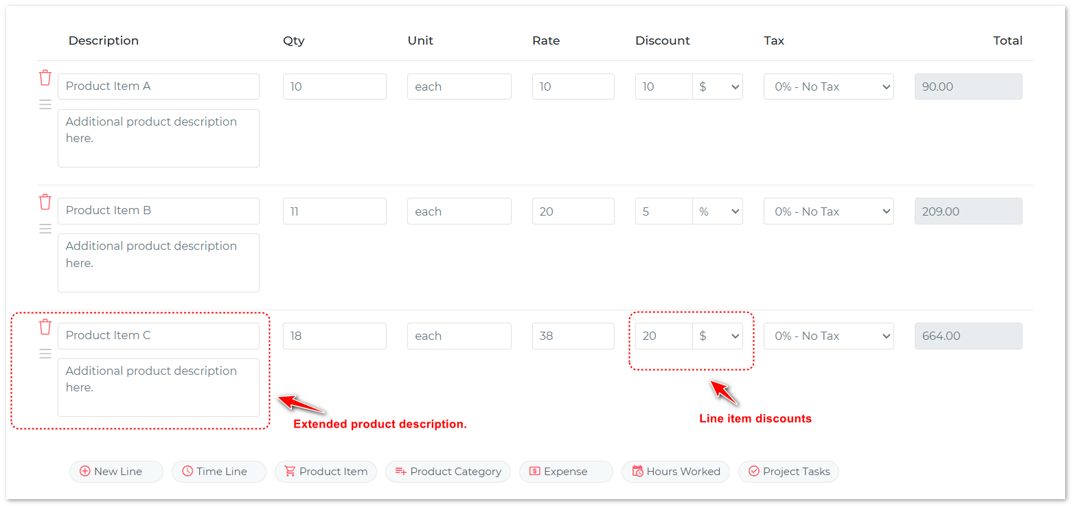 Line item discounts and extended descriptions