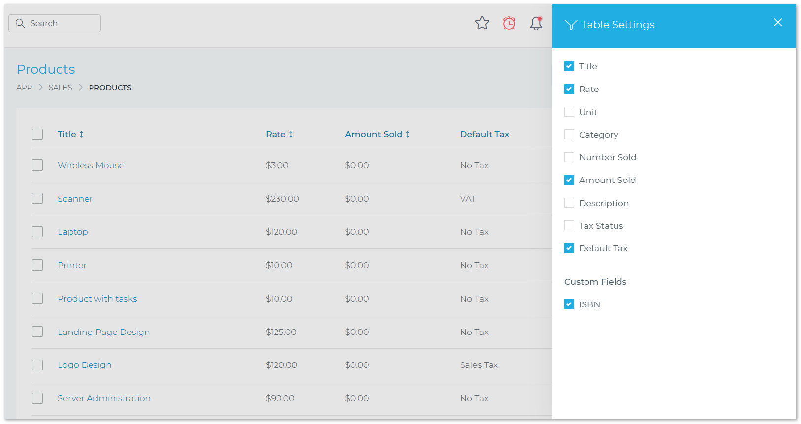 Per-user product table customization