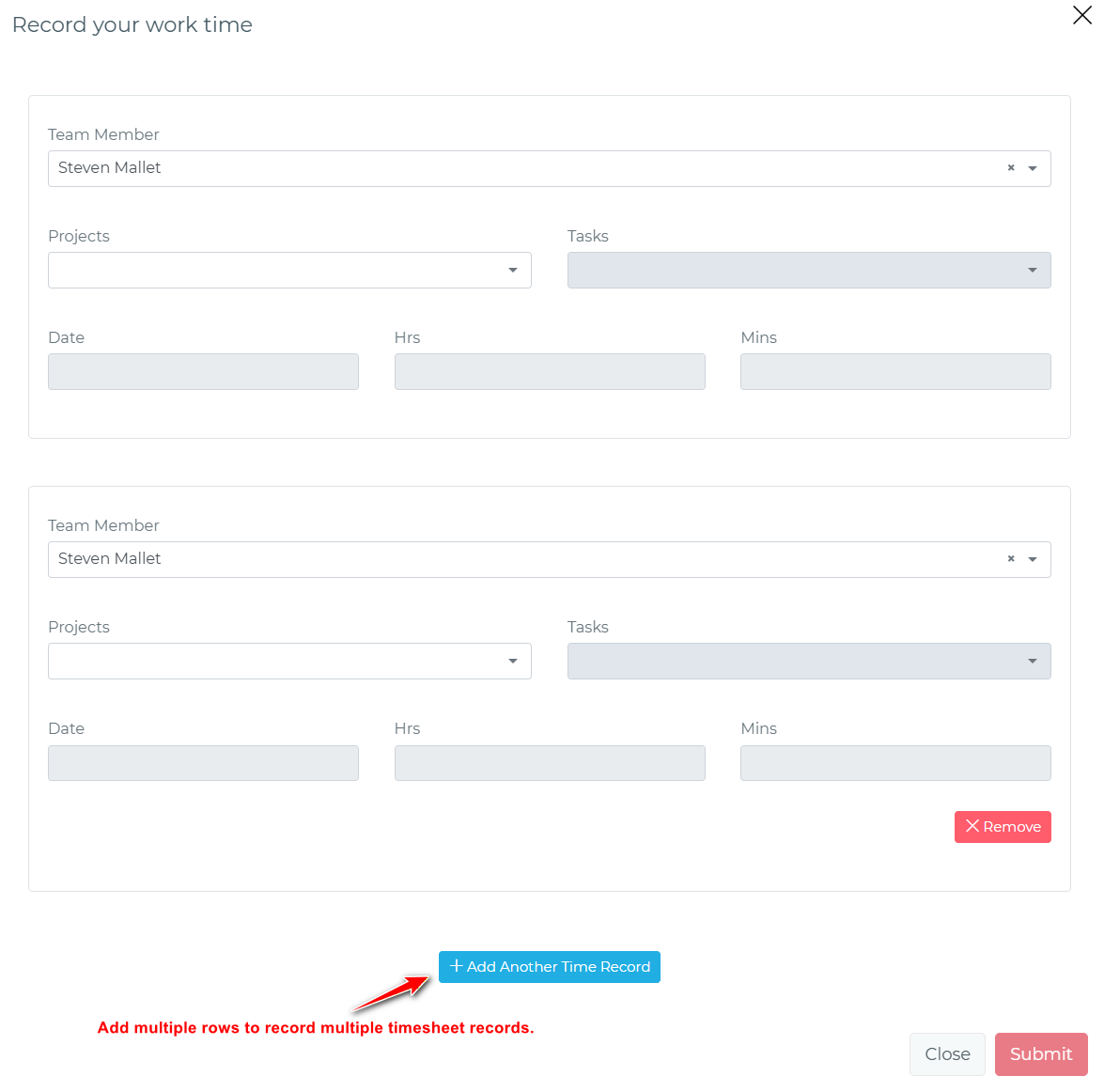 Record multiple timesheet records
