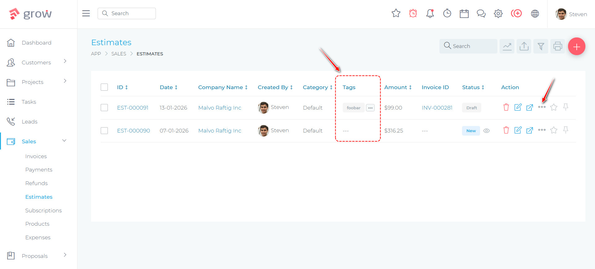 Add tags to estimates and other records