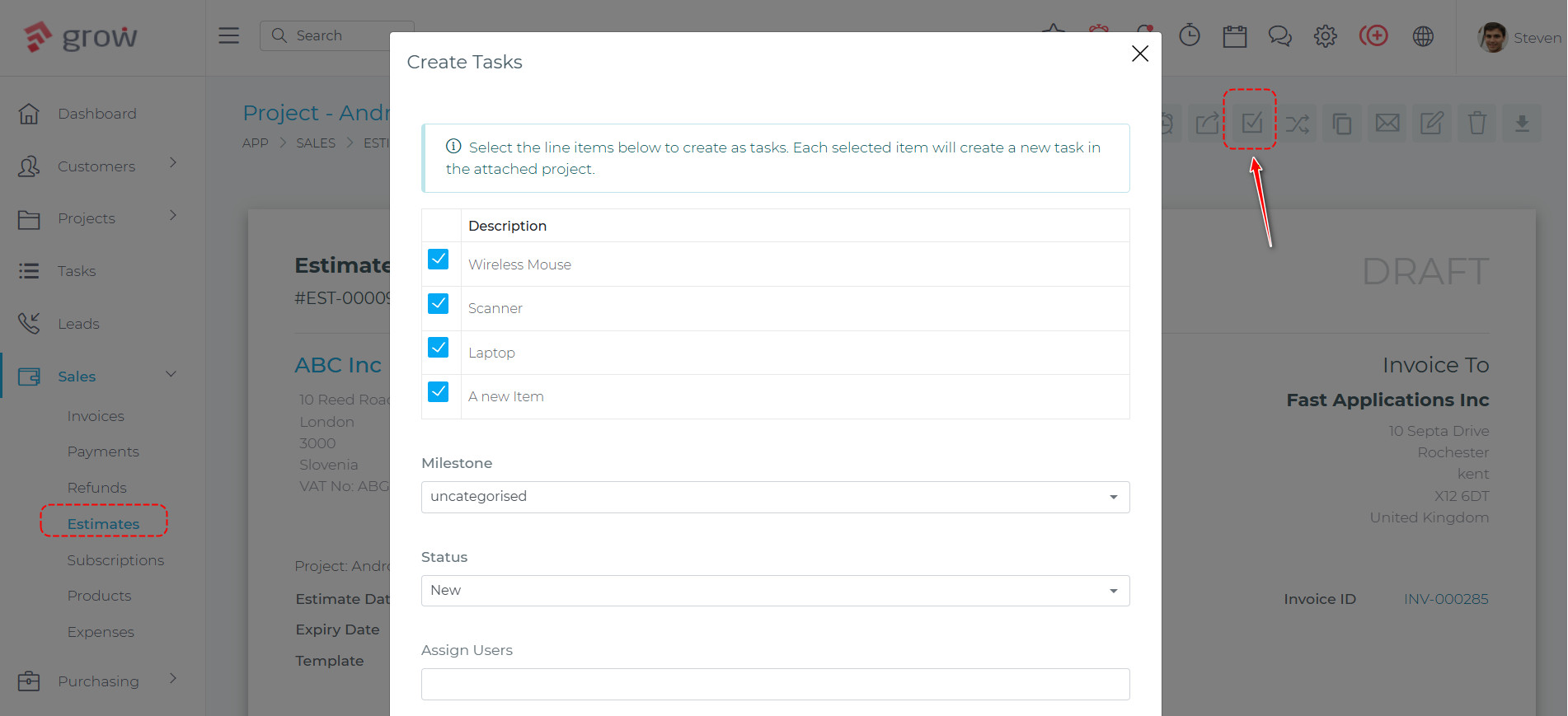 Create tasks from estimate line items