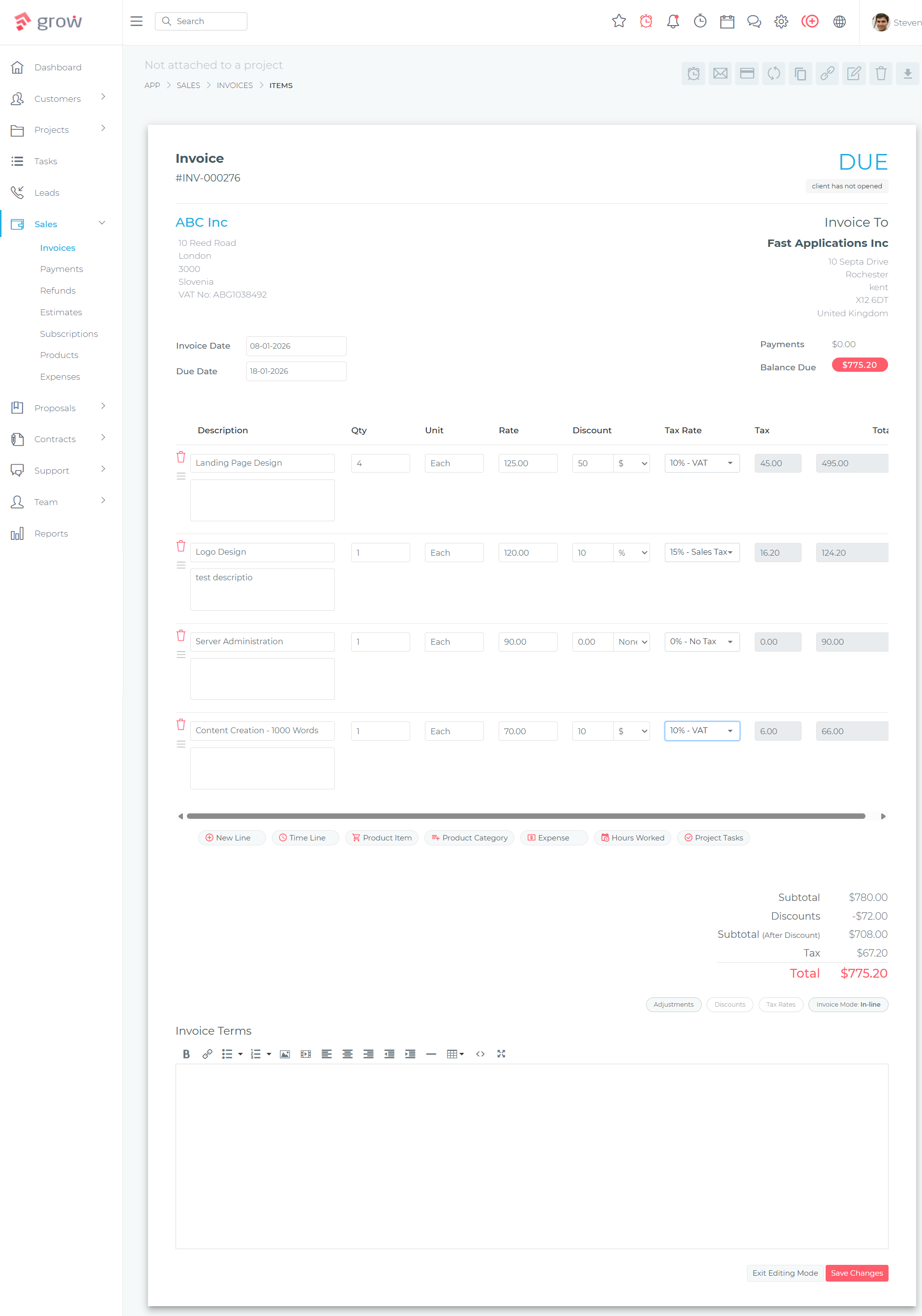Grow CRM invoicing interface showing professional invoice creation and management