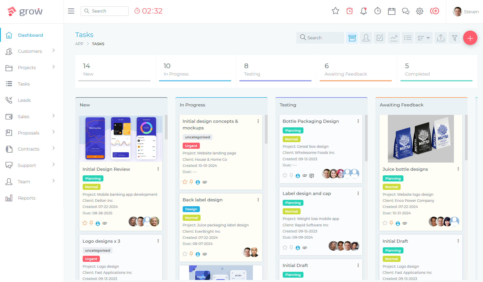 Grow CRM task management view showing project tasks and team assignments