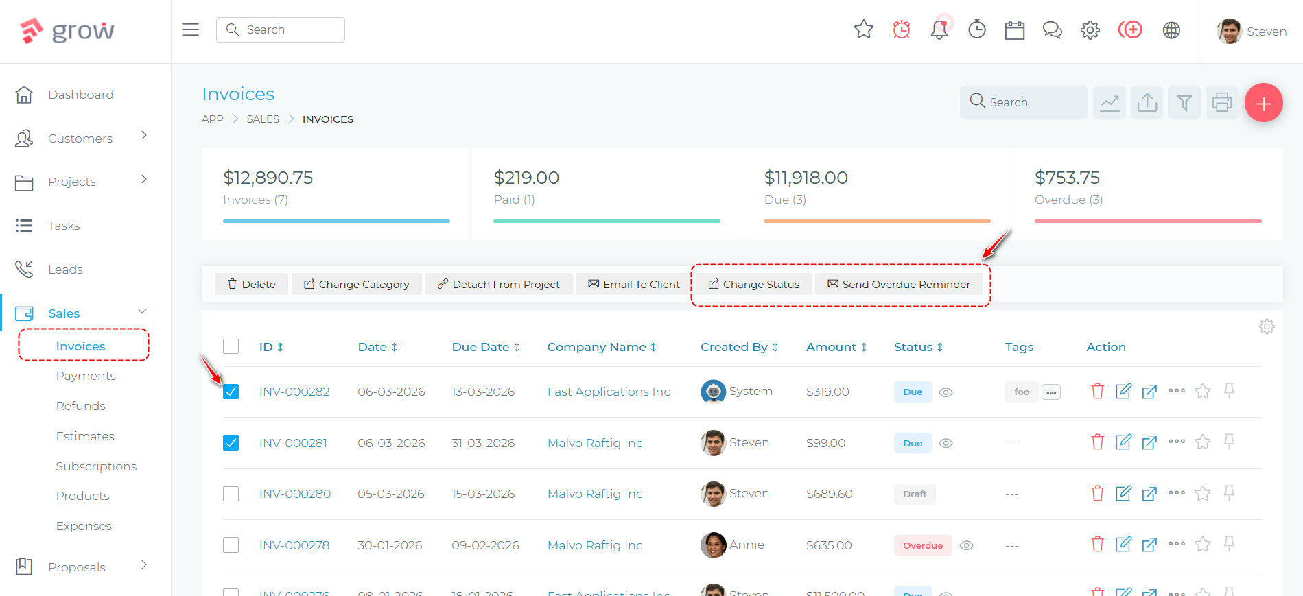Invoice bulk actions