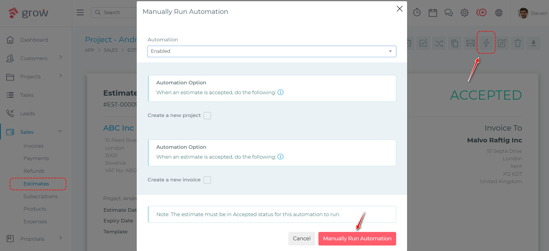 Manually run estimate automations