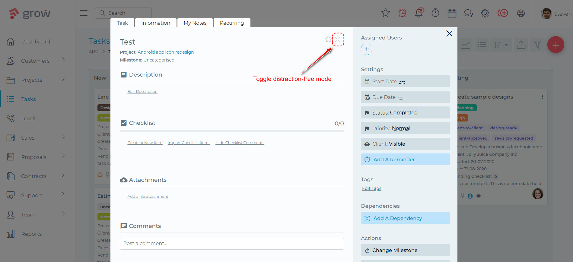 Task and leads distraction-free viewing mode