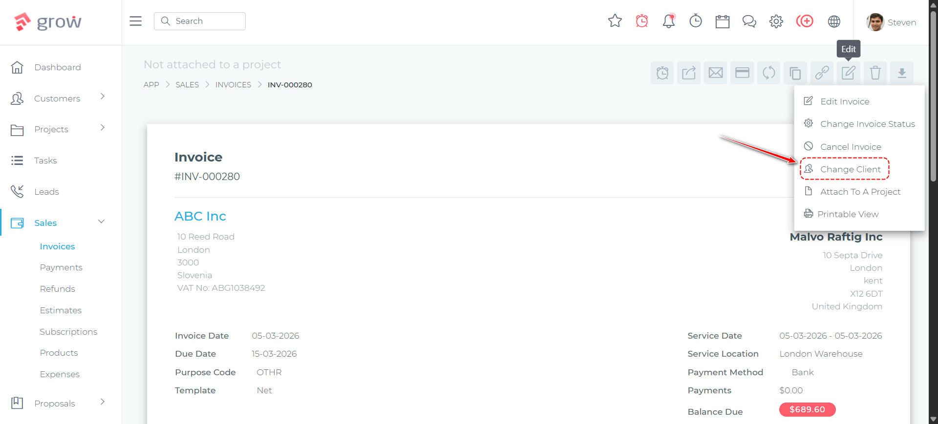 Transfer invoice to a different client