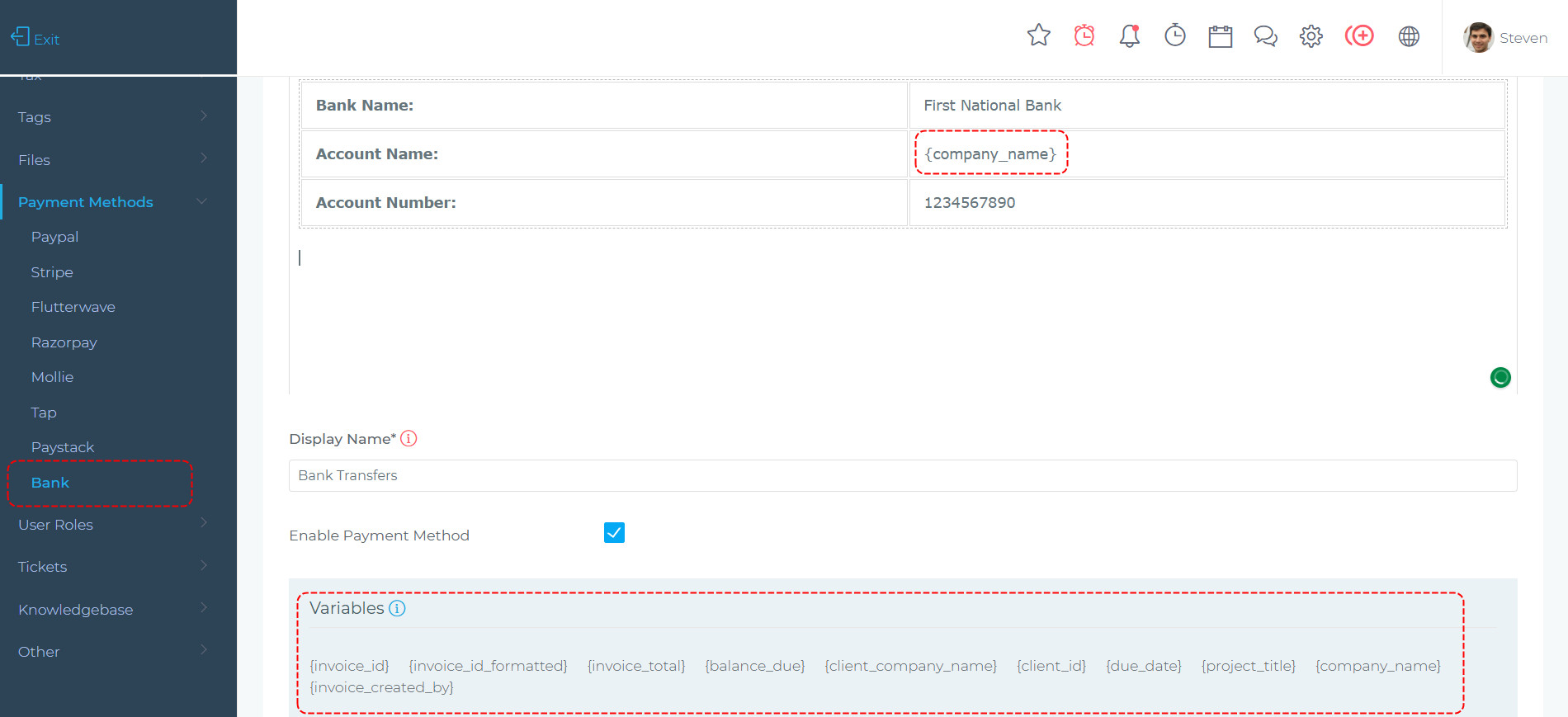 Data variables in invoice bank details
